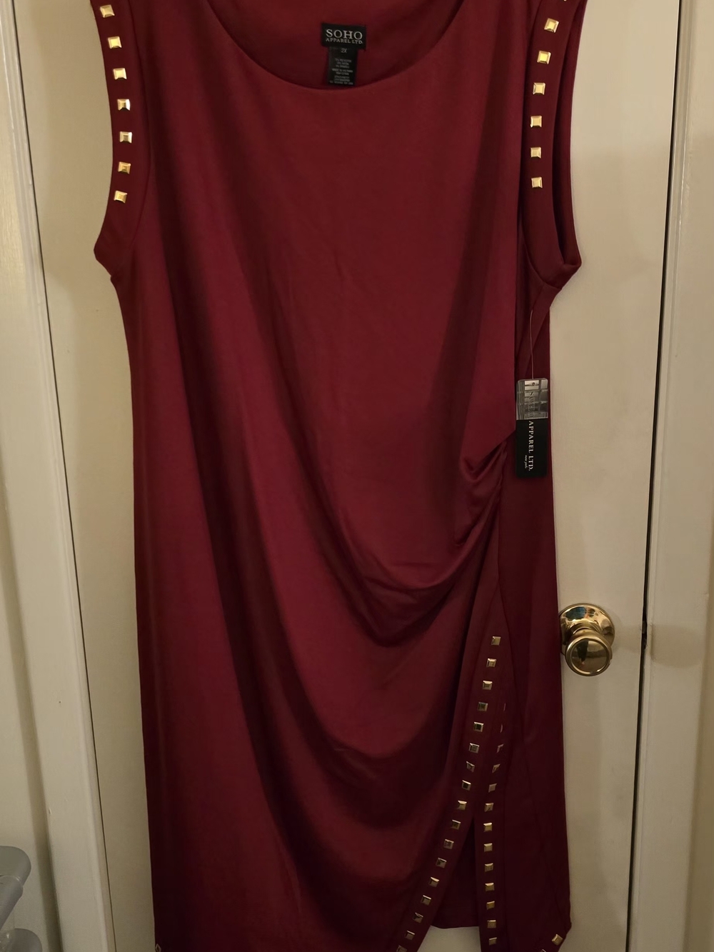 Soho Apparel Sleeveless Draped Midi Dress in Wine with Gold Studs